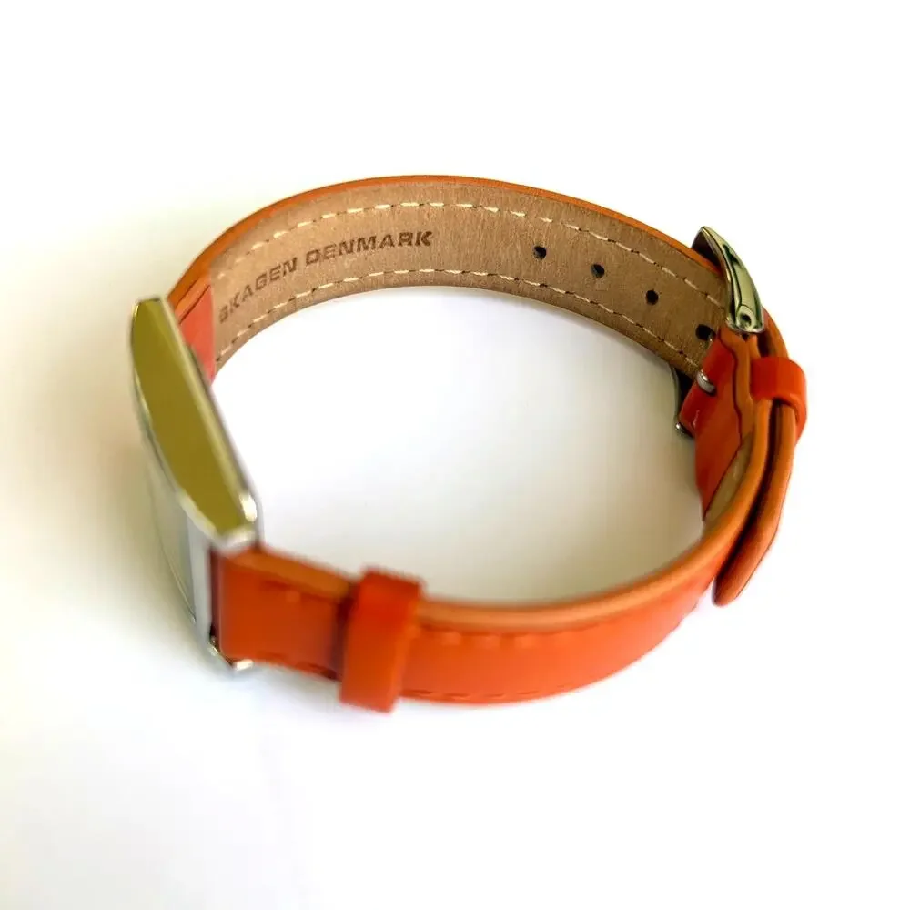 Skagen Denmark Square Watch Mother of Pearl Orange Leather Strap 2000s Vintage - Picture 10 of 14